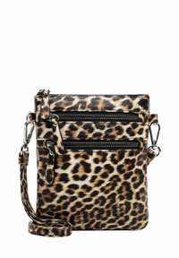 Leopardenmuster-Crossbody-Tasche aus strukturiertem Kunstleder, mit zwei Reißverschlussfächern und einem verstellbaren Trageriemen.