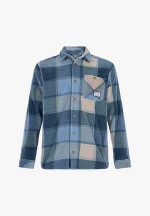 Flanellhemd mit blau-beigem Karomuster, langen Ärmeln, Tasche auf der linken Brust und braunen Knöpfen. Hergestellt aus weichem, strukturiertem Stoff.