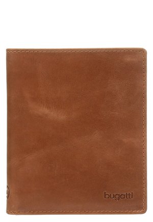Portefeuille en cuir marron avec une texture lisse, de forme rectangulaire, bords cousus, et logo 'bugatti' embossé en bas à droite.