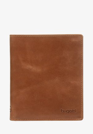 Braunes Lederportemonnaie mit einer glatten Textur, rechteckiger Form, genähten Kanten und eingeprägtem 'bugatti'-Logo in der unteren rechten Ecke.