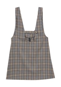 Débardeur à carreaux en gris, marron et beige ; présente de larges bretelles, un décolleté carré et un accent de bouton sur la zone de la poche avant.
