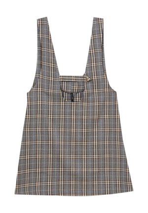 Grau, braun und beige karierte Tanktop; hat breite Träger, quadratischen Ausschnitt und einen Knopfakzent im Bereich der Fronttasche.