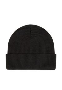 Berretto in maglia nera a coste con risvolto, progettato per il calore e per un look casual.