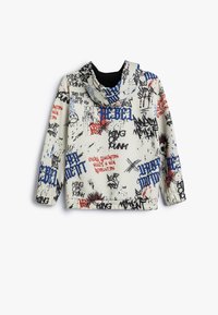 Felpa con cappuccio di base bianca, caratterizzata da testo in stile graffiti multicolore nei colori blu, rosso e nero. Tessuto morbido con polsini elastici.