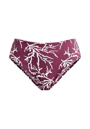 Damen-Bikinihose in Dunkelviolett mit weißem Korallenzweig-Muster, entworfen für Badebekleidung.