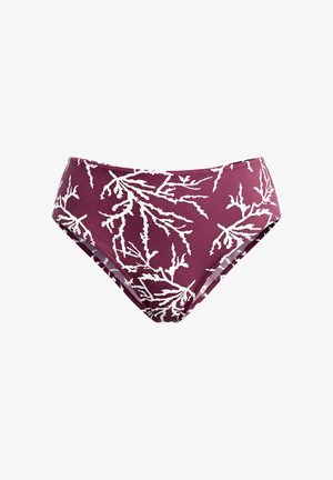 Braguita de bikini para mujer en color morado oscuro con patrón de ramas de coral blancas, diseñada para ropa de baño.
