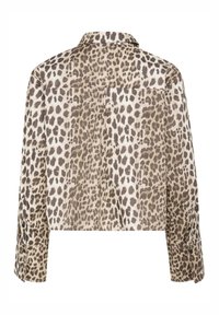 Korte jasje met luipaardprint en lange mouwen, gemaakt van textuurstof. Beschikt over een kraag en één achterzak. Kleurenpalet omvat beige en bruin.