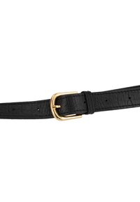 Ceinture en cuir noir avec une finition texturée, boucle en métal doré et plusieurs trous pour un ajustement de taille.