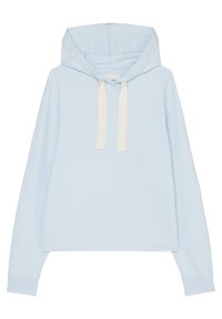 Felpa leggera azzurra realizzata in morbido tessuto, con tasca a kangaroo, cordini crema regolabili e vestibilità comoda. Senza loghi visibili.