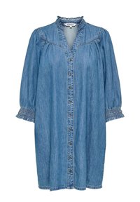 Μπλε φόρεμα από τζιν με κουμπιά μπροστά, μακριά φουσκωτά μανίκια, ελαστικές μανσέτες, γιακαδάκι με βολάν και ραφές λεπτομέρειας στον θώρακα.