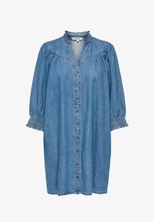 Robe en denim bleu avec boutons, manches longues bouffantes, poignets smockés, col à volants et détail de piqûres froncées sur l'empiècement.