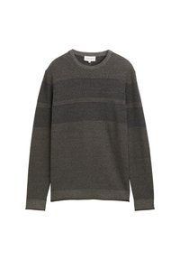 Grijze trui van gestructureerde stof, met horizontale strepen in verschillende tinten grijs. Ronde halslijn en lange mouwen.