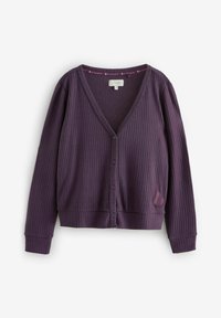 Purple ribbed cardigan with a v-neck, front button closure, long sleeves, and a small embroidered logo on the lower left.
