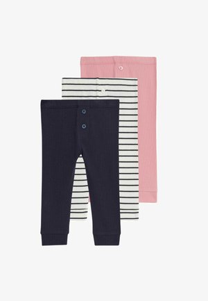 Tres pares de leggings para niños: de canalé en color navy, de rayas en blanco y navy, y de color rosa sólido. Cada uno tiene una cinturilla elástica y detalles de botones.