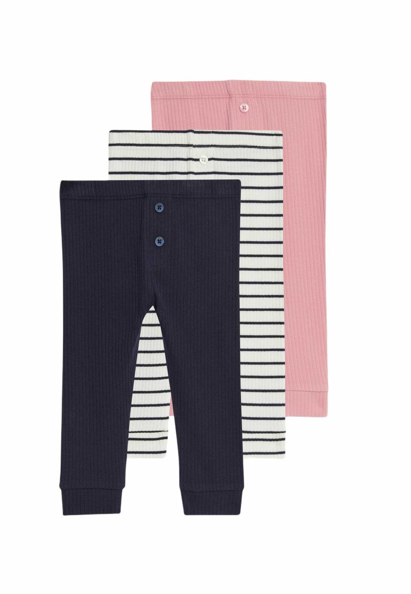 Tre par barnleggings: marinblå ribbad, randig vit och marinblå, samt enfärgad rosa. Varje par har elastisk midja och knappdetaljer.