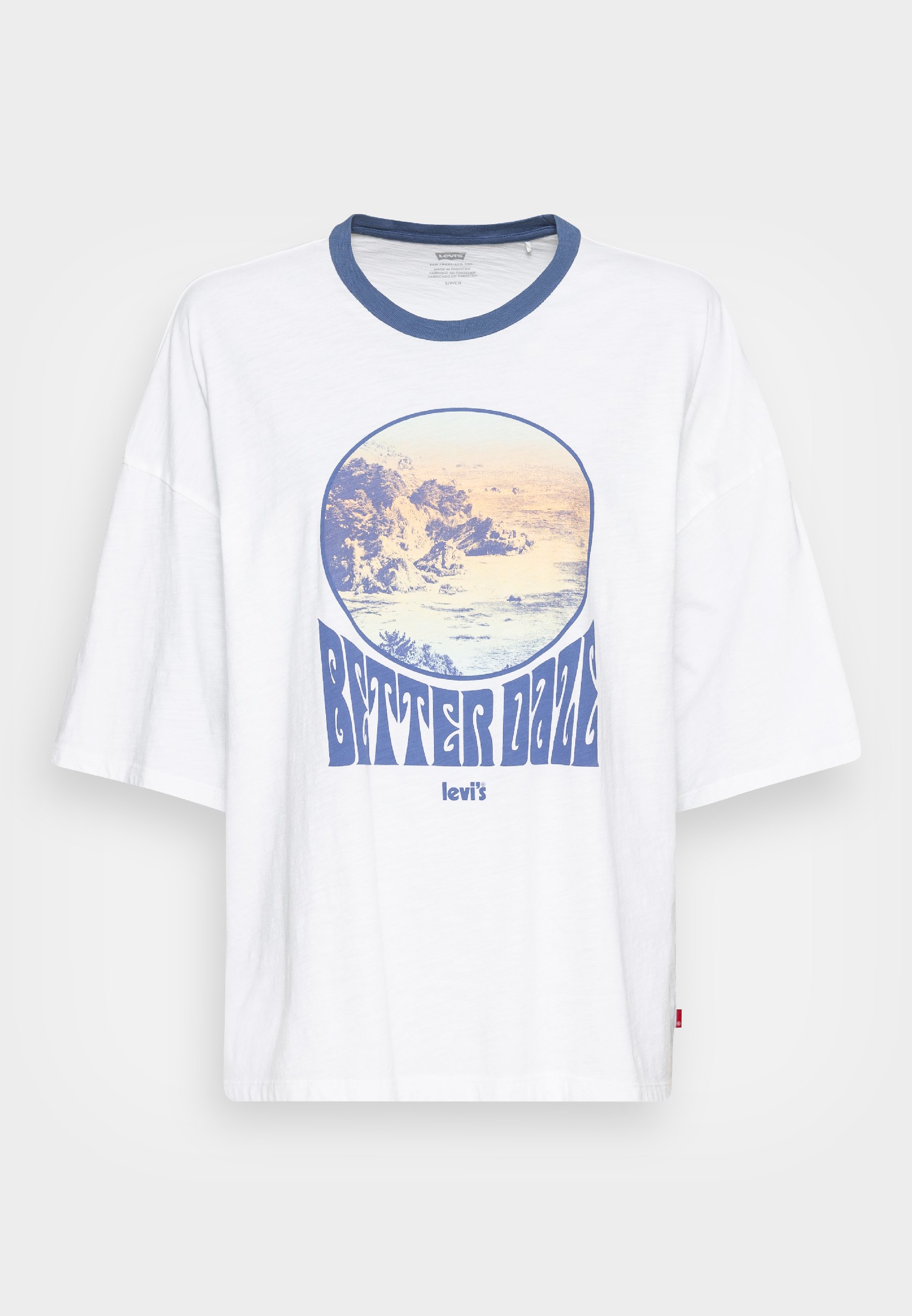 white tee with blue graphic