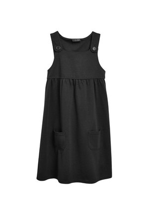 Schwarzes Baumwollkleid mit ärmellosem Design, Rundhalsausschnitt, zwei vorderen Taschen und Knopfdetails an den Schulterträgern.