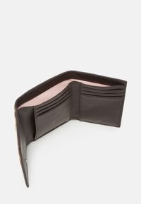 Brown leather wallet with a pink interior, featuring multiple card slots and a smooth texture. Opened view showing stitching details.