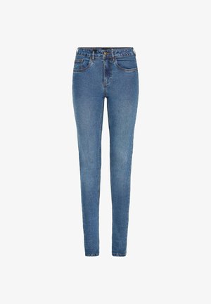 Blue slim-fit denim jeans with front pockets, belt loops, button closure, and slight fading on thighs and knees.