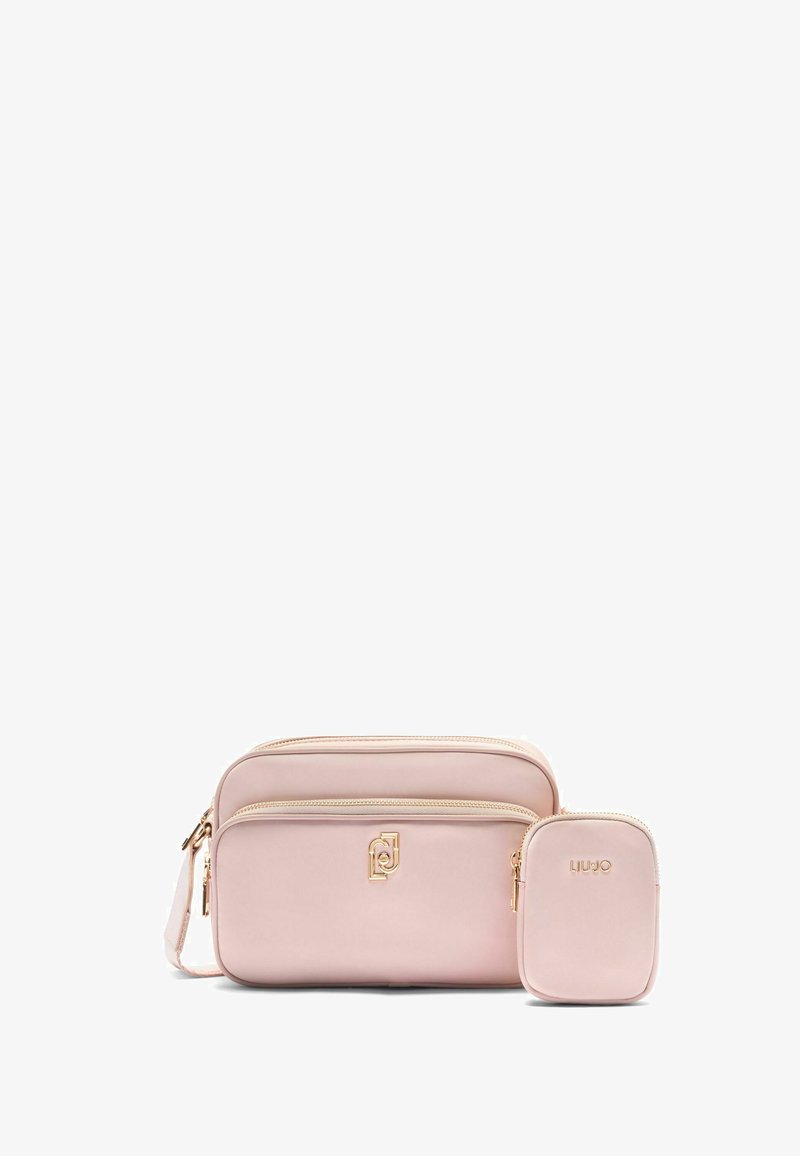 Borsa a tracolla sintetica rosa con due scomparti con zip, hardware dorato e una piccola borsa abbinata staccabile. Texture liscia e design minimale.