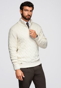 Mężczyzna w kremowym swetrze z warkoczowym splotem na zamek, założonym na białą koszulę i krawat, w ciemnych spodniach i z zegarkiem na nadgarstku, stojący na tle jednolitego tła.