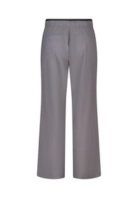 Grijze wijde broek met elastische tailleband en achterzakken, van achteren weergegeven op een witte achtergrond.