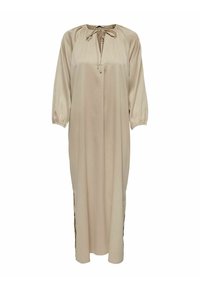Beige satijnen jurk met een losse pasvorm, geplooide halslijn, striksluiting en driekwart mouwen. Zijsplitten voegen een designdetail toe.