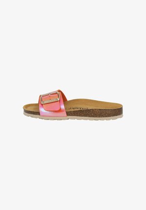 Slide sandal with a pink metallic strap and silver buckle, cork footbed, and light rubber sole, featuring a smooth texture and flat design.