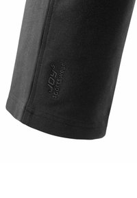 Zwarte sportmouw, gestructureerde stof, met geborduurd "JOY"-logo, schone naden en een aansluitend ontwerp dat geschikt is voor sportief gebruik.