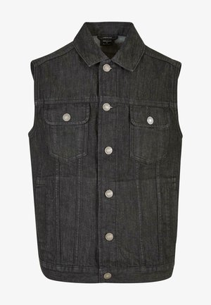 Mørk denim ermeløs vest med spiss krage, sølvfargede trykknapper og to brystlommer; teksturert stoff med subtile søm detaljer.