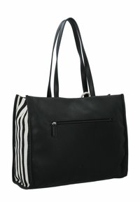 Borsa tote nera con fronte in pelle liscia, lati a motivi zebra, doppi manici e una tasca con cerniera sul davanti.
