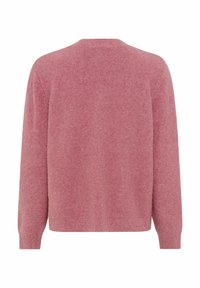Pink knitted sweater with long sleeves, round neckline, and ribbed hem. Soft texture with a smooth finish; no visible patterns or embellishments.