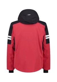 Giacca impermeabile rossa e nera con cappuccio, caratterizzata da strisce bianche sulle maniche e un logo sul retro. Texture liscia e design casual.