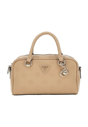 Beige Handtasche mit strukturiertem Material, doppelten Griffen, einem Logo-Schild und silbernem Beschlag. Sie verfügt über einen Reißverschluss und gemusterte Details.