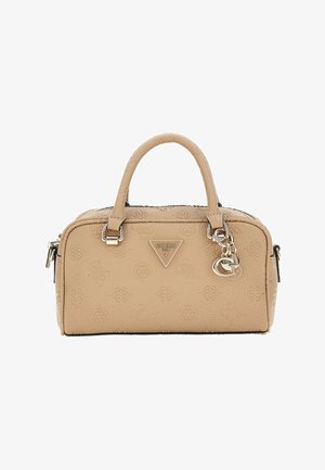 Beige Handtasche mit strukturiertem Material, doppelten Griffen, einem Logo-Schild und silbernem Beschlag. Sie verfügt über einen Reißverschluss und gemusterte Details.