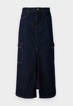 Gonna midi in denim scuro con spacco anteriore, due ampie tasche laterali, cuciture color rame e una vita con chiusura a bottone.