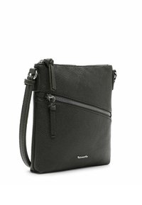 Dunkelgrüne Leder-Crossbody-Tasche mit strukturierter Oberfläche, ausgestattet mit einer vorderen Reißverschlusstasche und einem verstellbaren Riemen. Silberne Hardwareakzente.