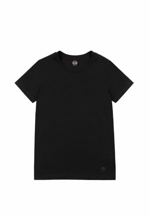 Black short-sleeve t-shirt made of soft cotton. Crew neck design with a subtle logo tag on the bottom left. Smooth texture, classic fit.