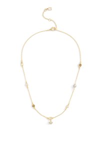 Kultaketu, jossa on pyöreitä aksentteja ja herkkiä jalokivikoristeluja. Säädettävä lukko vaihtelevaa pituutta varten.