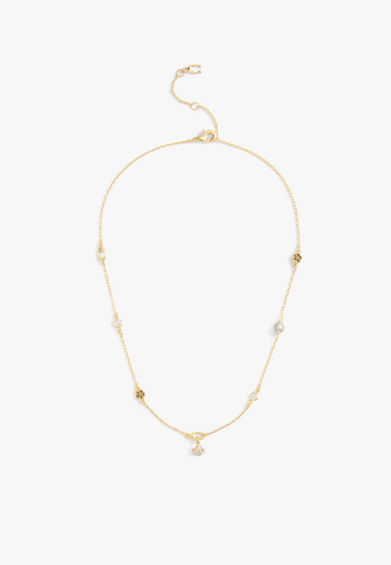 Gouden ketting met cirkelvormige accenten en delicat ingemetselde edelstenen. Verstelbare sluiting voor variabele lengte.