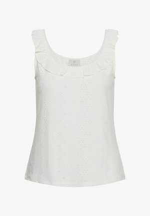 Blouse blanche sans manches avec encolure carrée à volants et motif discret en œillets sur tout le tissu.