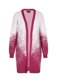 Cardigan lavorato a maglia con una gradazione di colori che va dal bianco al fucsia, adornato con paillettes nella parte inferiore e con design aperto davanti e maniche lunghe.