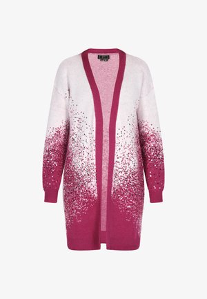 Cardigan en tricot présentant un dégradé du blanc au fuchsia, orné de sequins sur la moitié inférieure, avec un design à boutons ouverts et des manches longues.