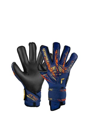 Coppia di guanti da portiere blu con palme nere e motivi geometrici arancioni, con marchio «reusch» e cinturini regolabili per il polso.