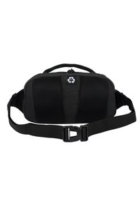 Cinturón negro hecho de material reciclado, con paneles de malla, cierre de cremallera, correa ajustable y hebilla de plástico.