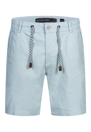 Hellblaue Herrenshorts mit Knopf vorne, Tunnelzug mit schwarzen Kreuzen, Gürtelschlaufen und Seitentaschen, mit dem Etikett "INDICODE JEANS".