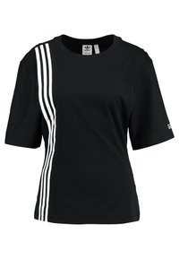 Czarna koszulka wykonana z bawełny, z okrągłym dekoltem i krótkim rękawem. Trzy pionowe białe paski po lewej stronie.