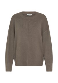 Pull brun surdimensionné avec un col et des poignets côtelés, présentant un design sans couture et une texture douce. Style simple et polyvalent.
