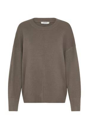 Brun oversize sweater med ribbet halsudskæring og manchetter, der har et sømløst design og en blød tekstur. Enkel, alsidig stil.