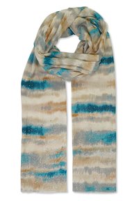 Multicolore sjaal van zacht stof met abstracte blauwe, beige en grijze strepen, verfraaid met verspreide metallic details.